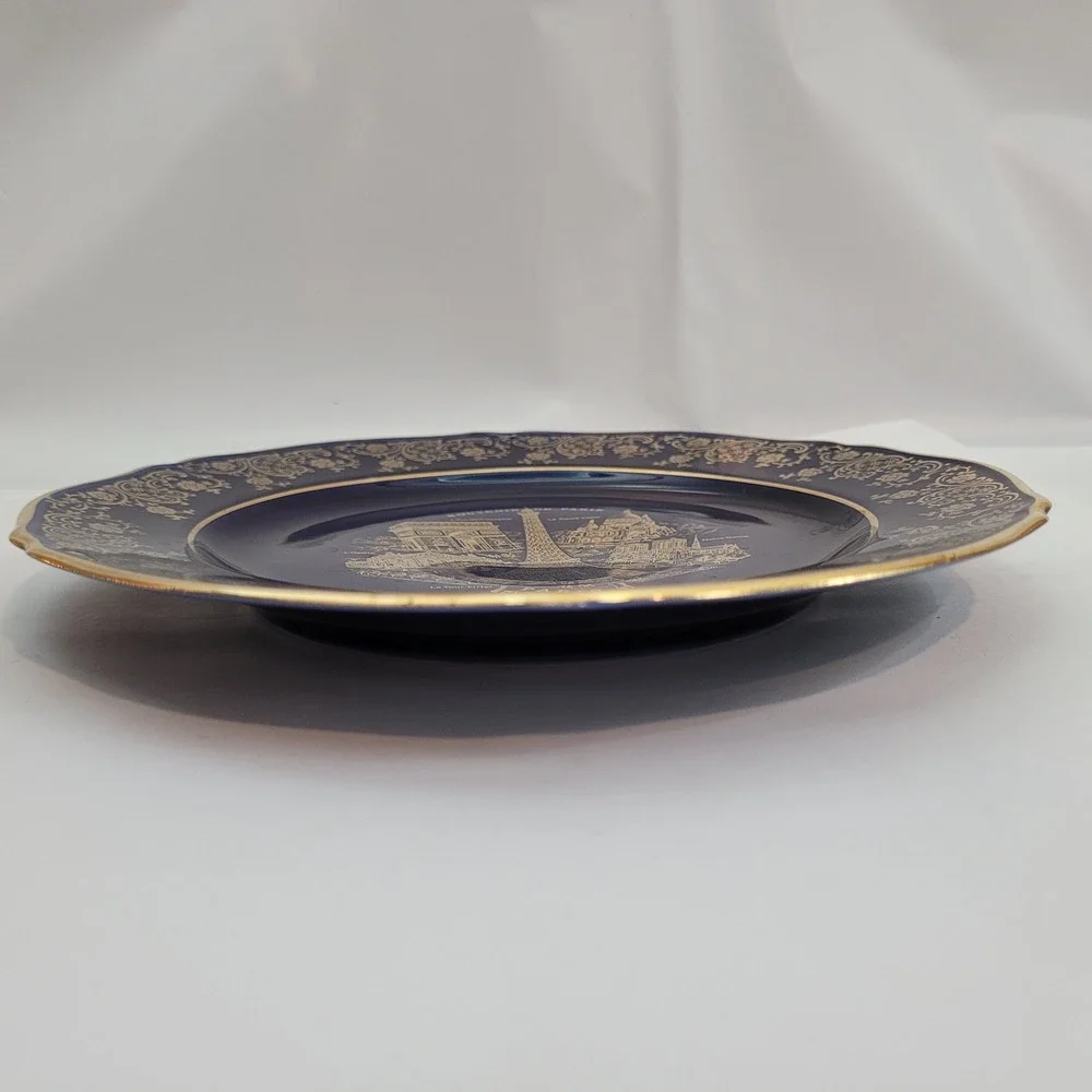 Florance Limoges Souvenir de Paris Plate Cobalt Blue Gold Gilt French Porcelain
